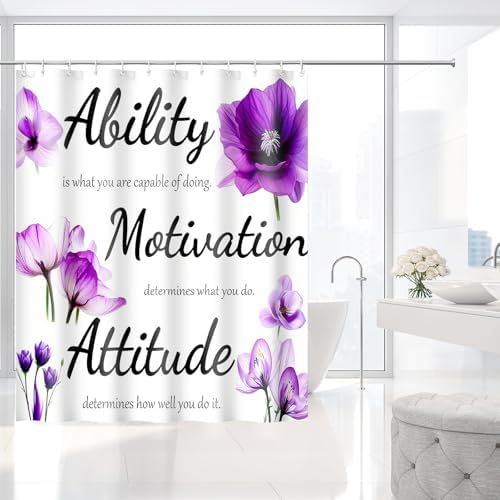 Purple Floral Inspirational Quote Shower Curtain with Hooks 72 x 72 Inches
