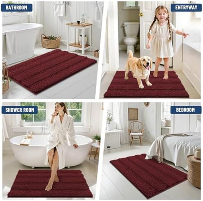 Grandaily Chenille Striped Bathroom Rugs 24x16, Extra Thick and Soft Absorbent Bath Mats, Rubber Backing, Plush Shaggy Shower Carpet, Machine Wash Dry, Bath Rug for Bathroom, Reddish Brown