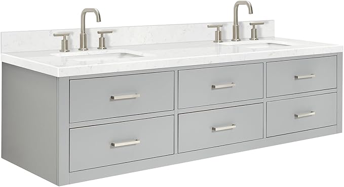 ARIEL Hutton 72-inch Bathroom Vanity with Sink,Solid Wood, 1.5-inch Carrara White Quartz Countertop & Backsplash, Double Rectangular Porcelain Sink, 3 Dovetail Drawers, Grey