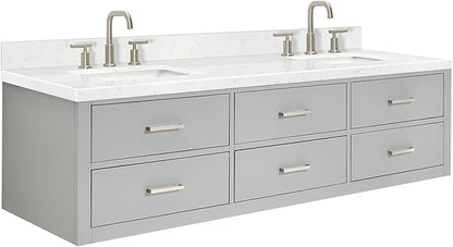ARIEL Hutton 72-inch Bathroom Vanity with Sink,Solid Wood, 1.5-inch Carrara White Quartz Countertop & Backsplash, Double Rectangular Porcelain Sink, 3 Dovetail Drawers, Grey