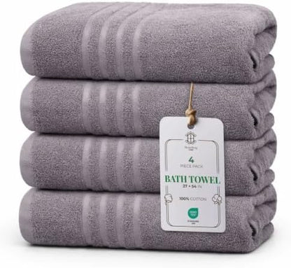CORE 4-Piece Cotton Bath Towels for Bathroom | Value Pack, Soft, Absorbent, Quick-Dry, Lightweight, Minimalist, 27x54 in, Steel Grey