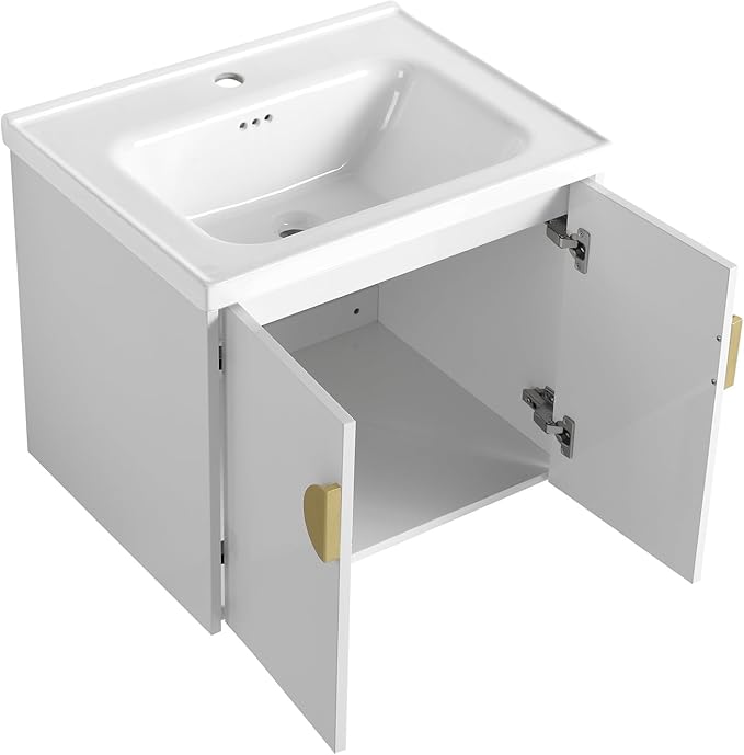 24inch Wall Mount Bathroom Vanity w/Sink Combo for Small Space, Ceramic Countertop Double Doors Modern Bathroom Vanity Cabinet, Floating White Bathroom Vanity and Sink Set w/Gold Handle