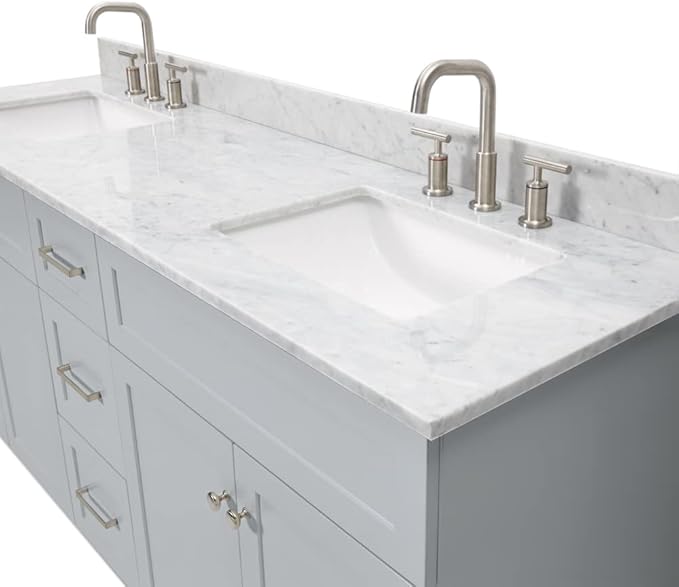ARIEL Hamlet 72-inch Bathroom Vanity with Sink,Solid Wood, 0.75-inch Italian Carrara Marble Countertop & Backsplash, Double Oval Sink, 4 Soft Closing Doors, 3 Dovetail Drawers, Grey