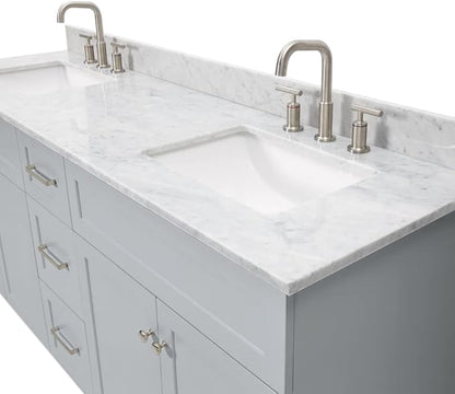 ARIEL Hamlet 72-inch Bathroom Vanity with Sink,Solid Wood, 0.75-inch Italian Carrara Marble Countertop & Backsplash, Double Oval Sink, 4 Soft Closing Doors, 3 Dovetail Drawers, Grey