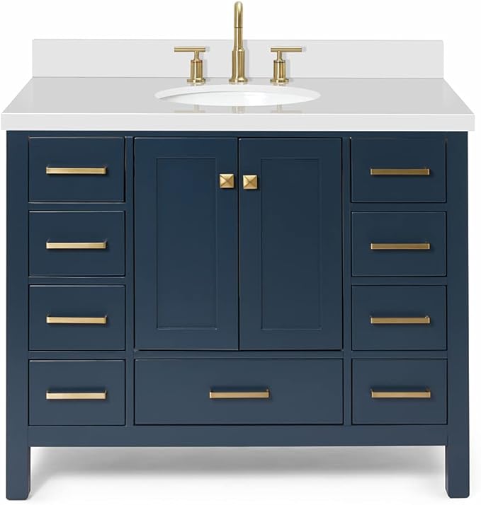 ARIEL Cambridge 42-inch Bathroom Vanity with Sink,Solid Wood, 1.5-inch Pure White Quartz Countertop & Backsplash, Single Oval Porcelain Sink, 2 Soft Closing Doors, 9 Dovetail Drawers, Midnight Blue