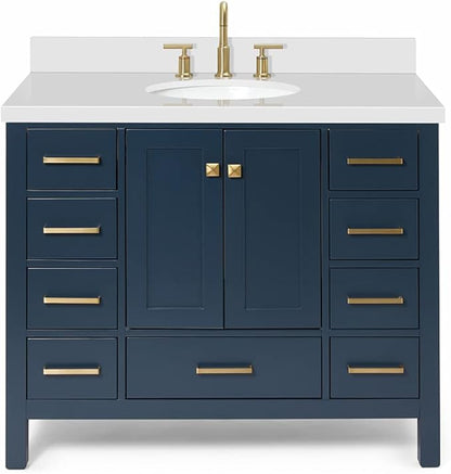 ARIEL Cambridge 42-inch Bathroom Vanity with Sink,Solid Wood, 1.5-inch Pure White Quartz Countertop & Backsplash, Single Oval Porcelain Sink, 2 Soft Closing Doors, 9 Dovetail Drawers, Midnight Blue