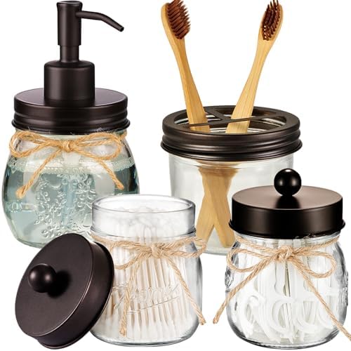 Amolliar Glass Mason Jar Bathroom Accessories Set 4 Pcs (Bronze)