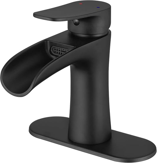 VOTON Black Bathroom Faucets Single Handle Waterfall Sink Faucet One Hole or Three Holes with Deck Mount Vanity Farmhouse RV Vessel Basin Faucet