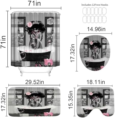 4Pcs African American Shower Curtain Sets with Rugs, Black Girl Shower Curtain for Bathroom Decor Sets with Paris Eiffel Tower Art Pattern, Grey Waterproof juego de baño, with 12 PCS Hooks