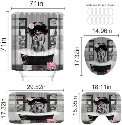 4Pcs African American Shower Curtain Sets with Rugs, Black Girl Shower Curtain for Bathroom Decor Sets with Paris Eiffel Tower Art Pattern, Grey Waterproof juego de baño, with 12 PCS Hooks