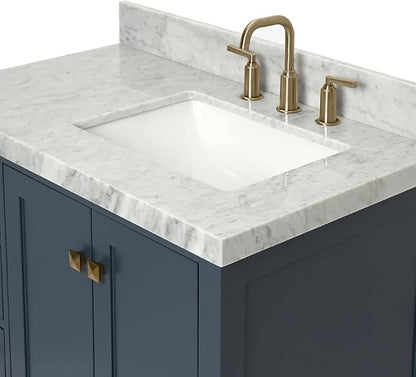 ARIEL Cambridge 36-inch Bathroom Vanity with Sink,Solid Wood, 2-inch Italian Carrara Marble Countertop, Single Rectangular Porcelain Sink, 2 Soft Closing Doors, 5 Dovetail Drawers, Midnight Blue