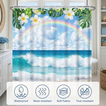 Summer Rainbow Beach Ocean Shower Curtain with Weighted Bottom, Tropical Coastal Waves Waterproof Decorative Shower Curtain, Machine Washable Fabric Shower Curtains with 12 Hooks, 72x72 Inch