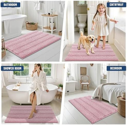 Grandaily Chenille Striped Bathroom Rugs 44x24, Extra Thick and Soft Absorbent Bath Mats, Rubber Backing, Plush Shaggy Shower Carpet, Machine Wash Dry, Bath Rug for Bathroom, Dusty Rose