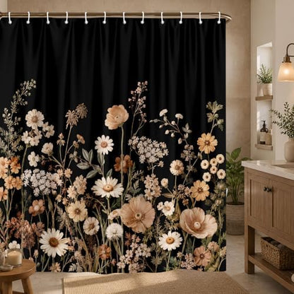 Black Floral Shower Curtain Set with Hooks 72X72, Rustic Wildflower Botanical Daisy Fabric Bath Curtain, Dark Vintage Farmhouse Boho Bathroom Decor, Waterproof Polyester Shower Curtains