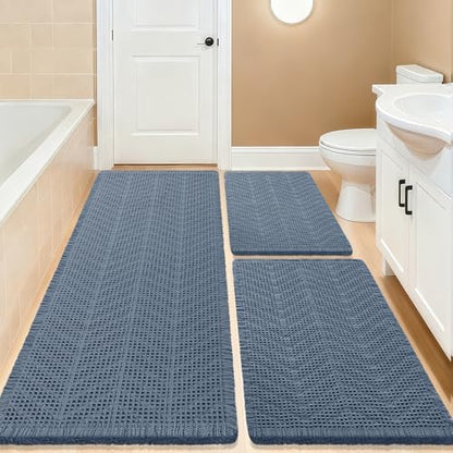 Upgrade Waffle Bath Mat Set 3 Piece, Boho Bathroom Rugs Absorbent Non Slip, Soft Bathroom Mats, Machine Washable Knit Bath Rugs with Herringbones for Bathroom, Bedroom, Kitchen, Shower, Tub, Blue