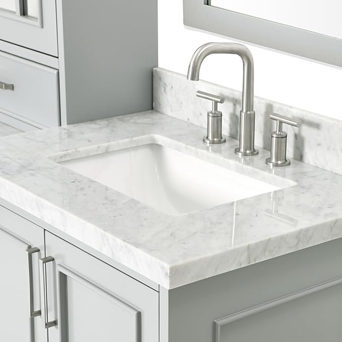 ARIEL Stafford 84-inch Bathroom Vanity with Sink,Solid Wood, 1.5-inch Italian Carrara Marble Countertop, Double Rectangular Porcelain Sink, 5 Soft Closing Doors, 6 Dovetail Drawers, Grey