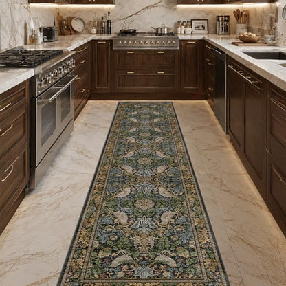 Vintage Runner Rugs for Hallways - 2'6"x10' Wide Kitchen Runners, 10 ft Long Entryway Rug, Botanical Pattern with Flowers and Leaves, Washable Non Slip Low Pile