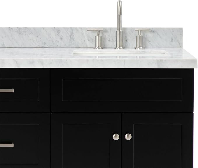 Bradford 66" Black Double Bathroom Vanity, 1.5" Edge Italian Carrara Marble Countertop, Rectangular Undermount Sinks, 2 Soft Closing Doors, 3 Dovetail Drawers, Brushed Nickel