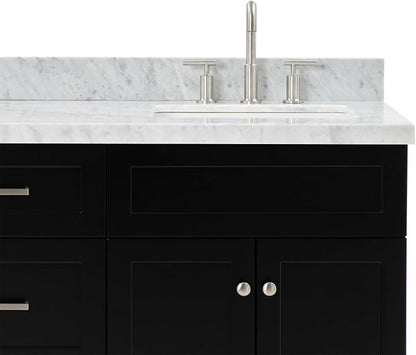 Bradford 66" Black Double Bathroom Vanity, 1.5" Edge Italian Carrara Marble Countertop, Rectangular Undermount Sinks, 2 Soft Closing Doors, 3 Dovetail Drawers, Brushed Nickel