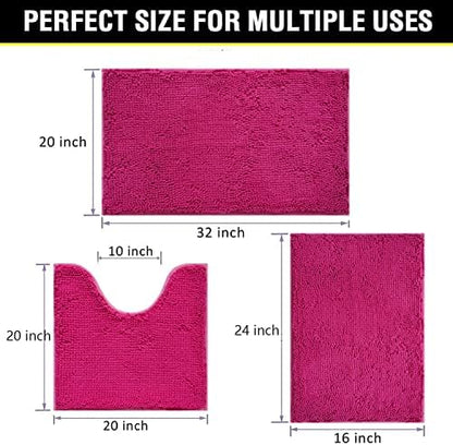 Bathroom Rugs Chenille 3-Piece Extra Soft and Absorbent Shag Bathroom Rugs, Machine Wash Mat, Strong PVC Non-Slip Underside, Plush Carpet Mats (Rose Red)
