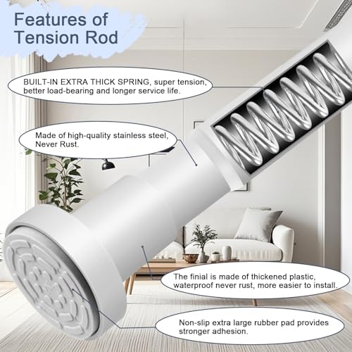 YNL White Shower Curtain Rod 32-64 Inch(2.7-5.33ft), Non-Slip, Never Rust, Stainless Steel No Drill Spring Tension Shower Rod, Adjustable Long Curtain Rod for Bathroom Window