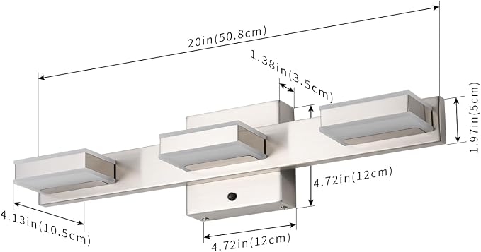 mirrea 20" 3 Light 3CCT LED Brushed Nickel Bathroom Vanity Light Fixture | Over Mirror,3000K/4000K/5000K ,Dimmable,Light Fixtures for Mirror,Rust-resistant,Moisture-resistant,Acrylic shade