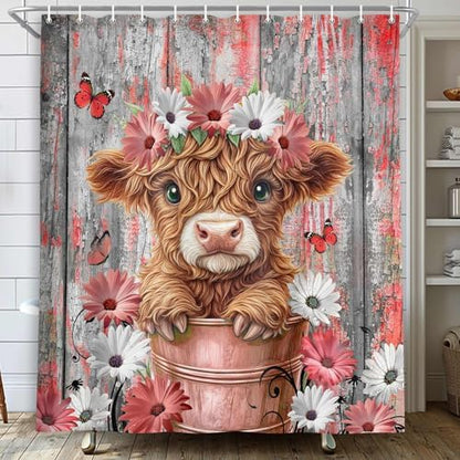 Funny Highland Cow Shower Curtain for Bathroom, Western Rustic Wood Farmhouse Bull Pink Floral Butterfly Country Flower Plant Art Printed Fabric Polyester Waterproof 12 Pack Plastic Hooks 54X72in