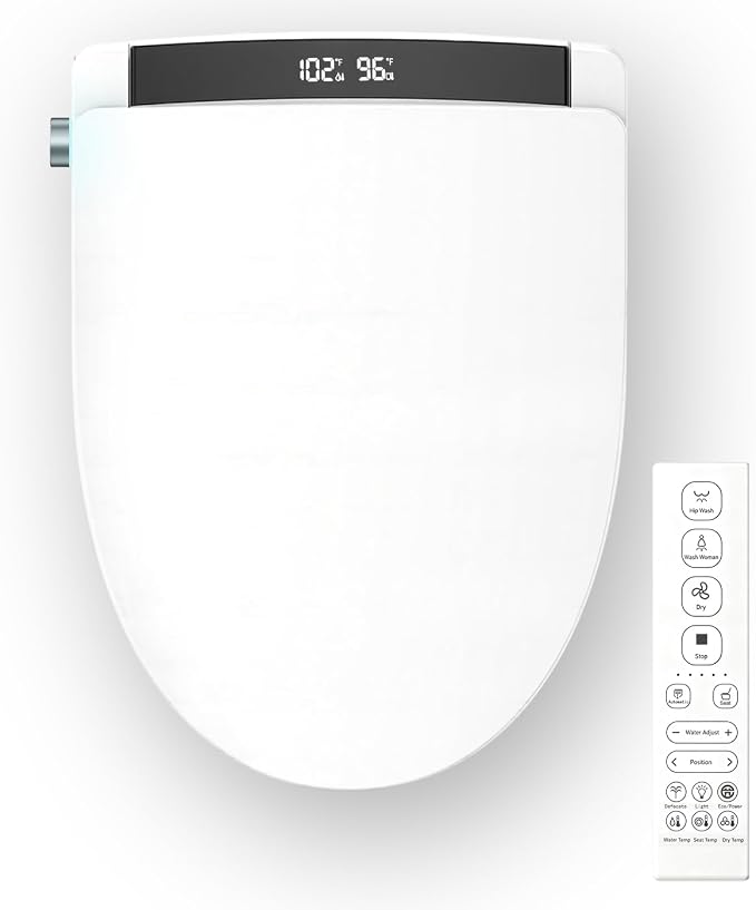 Electric Heated Bidet Toilet Seat with Auto Open/Close，Heated Toilet Seat, Instant Warm Water, Warm Air Dryer, Rear & Feminine with Oscillating Cleansing,LED Display,Remote Control,Elongated