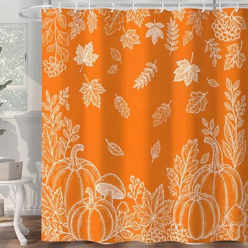 Fall Shower Curtain, Orange Pumpkin Maple Leaves Botanical Line Art Bathroom Curtain, Autumn Harvest Farmhouse Waterproof Polyester Fabric Shower Curtain with Hooks, 72x72 Inch