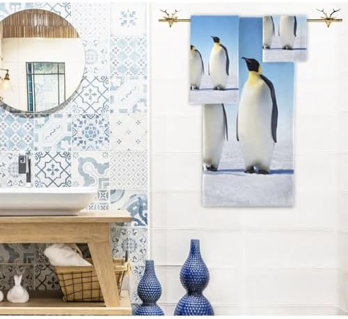 Naanle 3D Ice Surface Penguin Soft Set of 3 Towels, 1 Bath Towel+1 Hand Towel+1 Washcloth, Decorative for Bathroom, Hotel, Gym, Spa and Beach
