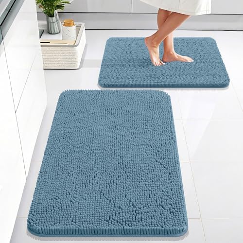 OLANLY Chenille Bathroom Rugs Mats Sets 2 Piece, 30"x20"+24"x16", Airy Blue