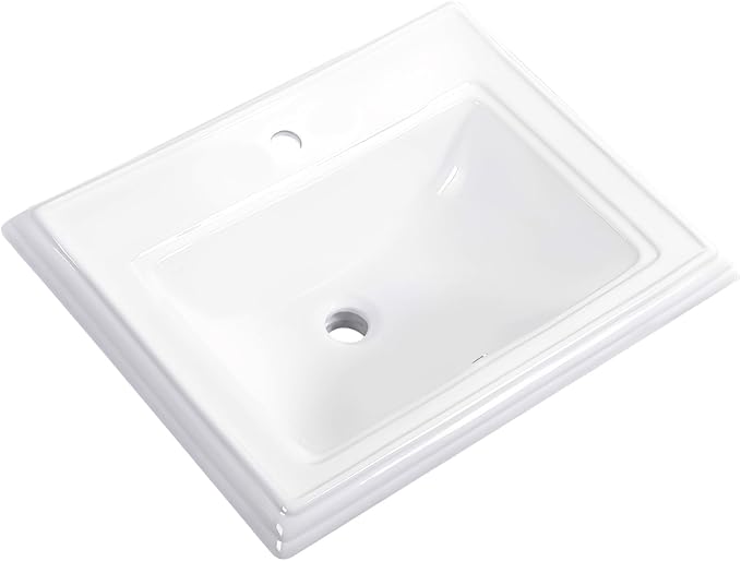 23" Drop-in Bathroom Sink With Single Hole White Ceramic Rectangular Vanity Basin Modern Self-Rimming Design for Master Bath, Powder Room and Guest Bathroom