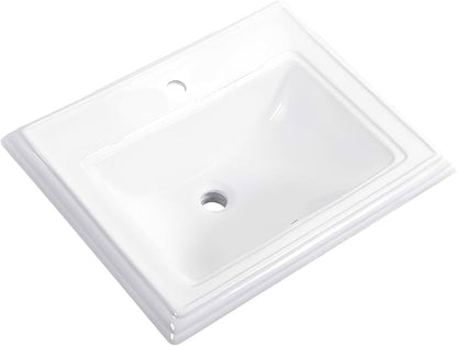 23" Drop-in Bathroom Sink With Single Hole White Ceramic Rectangular Vanity Basin Modern Self-Rimming Design for Master Bath, Powder Room and Guest Bathroom