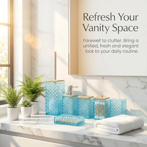 Light Blue Bathroom Accessory Set, 6 PCS Light Blue Bathroom Accessories Set, Soap Dispenser, Toothbrush Holder, Soap Dish, Mouthwash Cup, Cotton Swab Holder and Toilet Brush, Acrylic