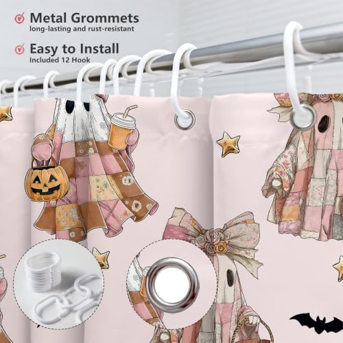 MEHOFOND Halloween Pink Patchwork Ghost Shower Curtain Pumpkin Bath Decor