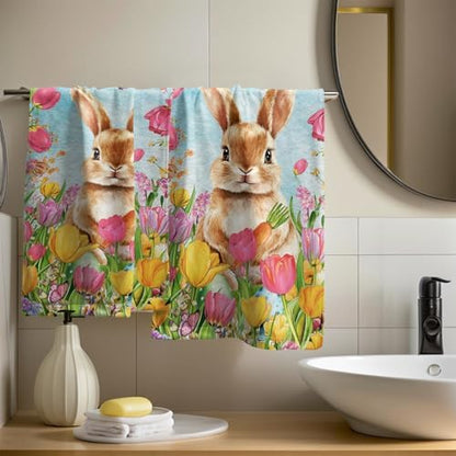Easter Bunny Hand Towels, 14x28 Inch Spring Tulip Floral Rabbit Butterfly Absorbent Soft Dish Washing Cloth Face Tea Towels for Kitchen Bathroom Farmhouse Seasonal Decoration