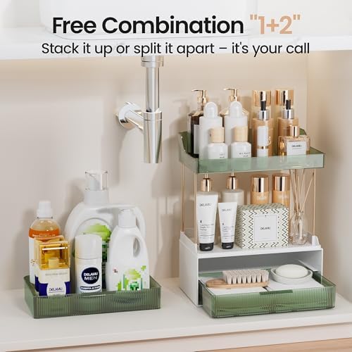 Delamu 4-Tier Makeup Organizer, Bathroom Counter Storage, 2 Drawers,Green