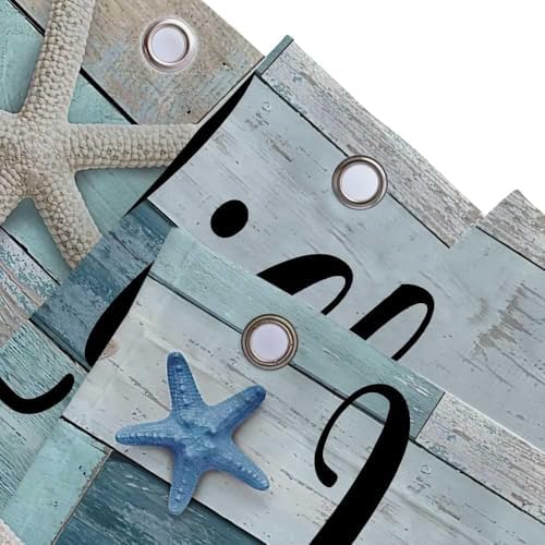 Beach Shower Curtain, Rustic Vintage Wood Ocean Quote Words Summer Fabric Decor Bath Curtain, Nautical Coastal Starfish Theme Bathroom Curtain Accessories with Hooks 72X84in