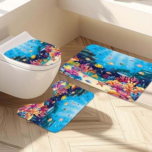 Ocean Coastal Fish Coral Kids 4Pcs Bathroom Shower Curtain Set with Rugs