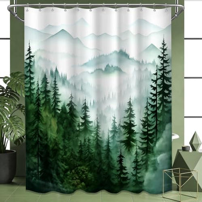 Dark Green and White Extra Long Shower Curtain, Tall 72X96 in, Forest