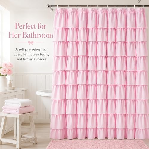 Pink Ruffle Shower Curtain for Master bathroom, 72x72 in, Shabby Chic Look
