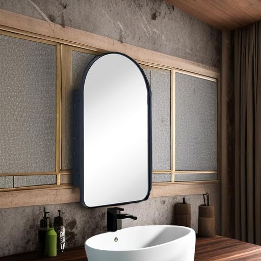 Matt Black Arched Recessed Bathroom Medicine Cabinet with Mirror Metal Framed Arch Vanity Cabinet with Mirros for Wall 16x28.3''