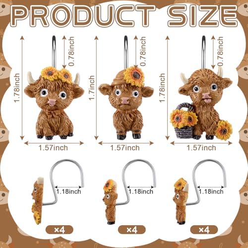 Roowest 12 Pcs Highland Cow Shower Curtain Hooks Sunflower Farmhouse