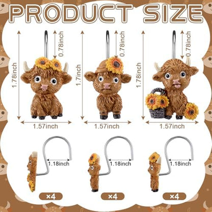 Roowest 12 Pcs Highland Cow Shower Curtain Hooks Sunflower Farmhouse