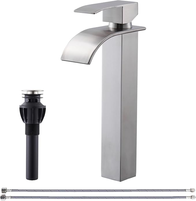 Tall Bathroom Vessel Sink Faucet, Brushed Nickel Tall Waterfall Single Handle 1 Hole Bathroom Vessel Sink, Bowl Wash Basin Lavatory Vanity Faucets with Pop-up Drain
