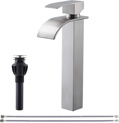 Tall Bathroom Vessel Sink Faucet, Brushed Nickel Tall Waterfall Single Handle 1 Hole Bathroom Vessel Sink, Bowl Wash Basin Lavatory Vanity Faucets with Pop-up Drain