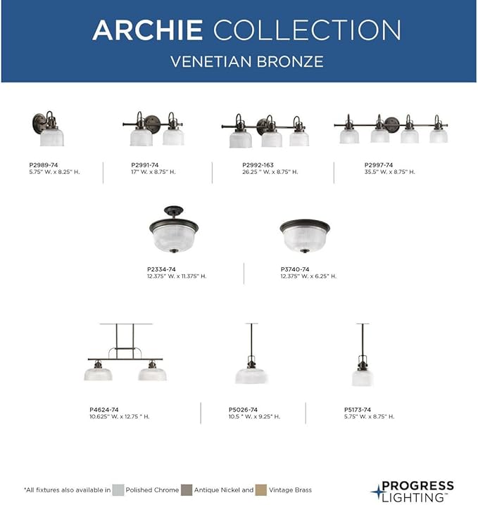 Progress Lighting P2989-74 Archie Collection Clear Double Prismatic Glass Coastal Bath Vanity, 1-Light, Venetian Bronze