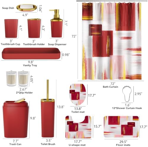 XLHOMO Bathroom Set - Burgundy Bathroom Accessories Set, Bathroom Sets with Shower Curtain and Rugs, Burgundy Shower Curtain Set with Bathroom Trash Can, Soap Dispenser, Soap Dish for Home Decor