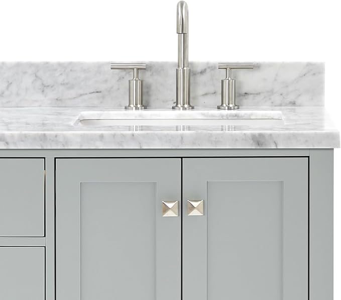 ARIEL Cambridge 66-inch Bathroom Vanity with Sink,Solid Wood, 1.5-inch Italian Carrara Marble Countertop, Double Rectangular Porcelain Sink, 4 Soft Closing Doors, 6 Dovetail Drawers, Grey