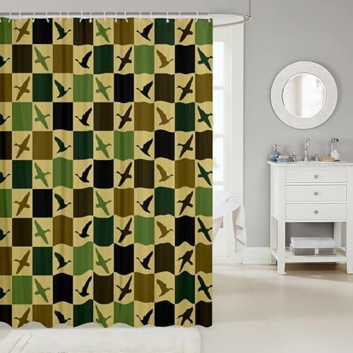 Duck Hunter Shower Curtain for Bathroom Decor Mallard Duck Bath Curtain Bathtubs Checkered Geometric Bathroom Accessories Hunting Vintage Brown Green Waterproof Polyester Fabric with 12 Hooks 72"x78"